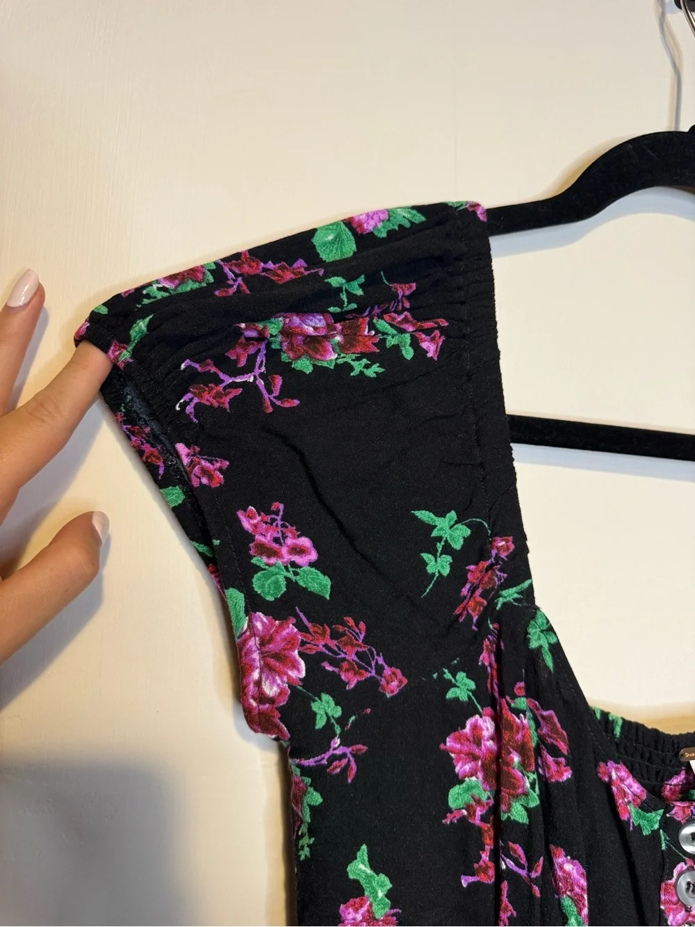 FREE PEOPLE Close to You Romantic Floral Print Blouse Buttons Puff Sleeve Sz S